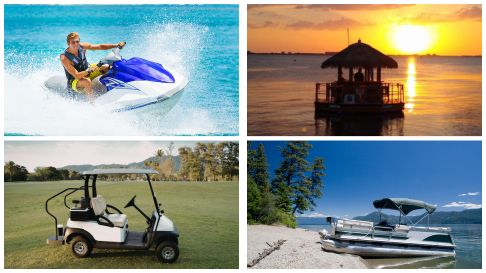 jet ski, pontoon, tiki, golf cart