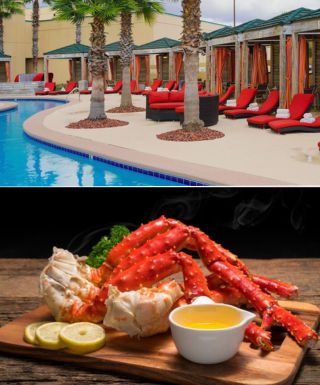 collage of images of hotel exterior, pool, slot machines and food